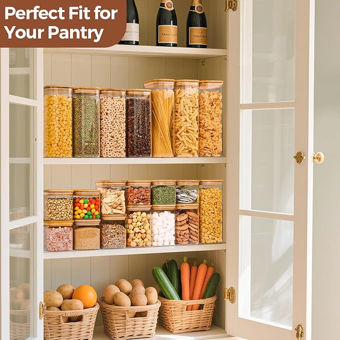 ComSaf 0.6 Qt Glass Food Storage Jars Set of 6, Clear Storage Containers with Airtight Lids, Pantry Organization Jar, Spice Jar, Blooming Tea, Coffee and Sugar Container, Canister Set for Kitchen