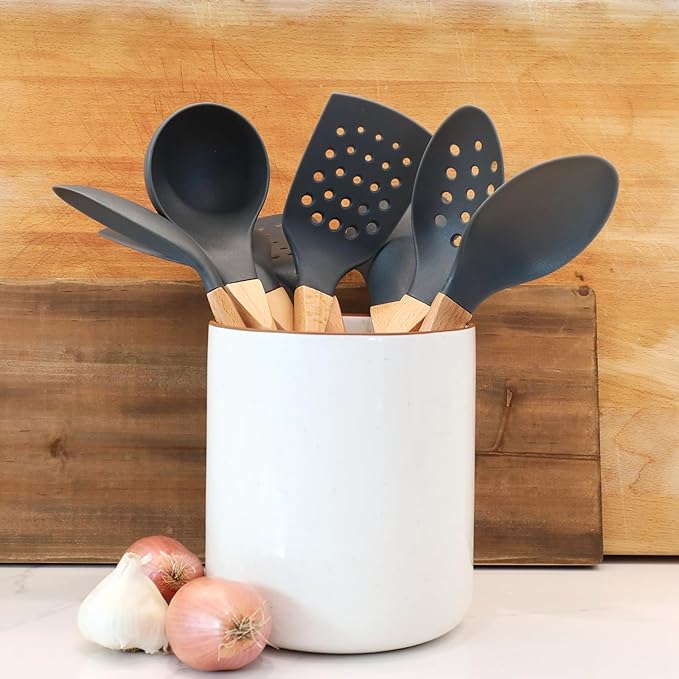 Beille 5pc Dark Grey Nylon Wooden Kitchen Utensils with Cooking Spoons, Soup Ladle, Skimmer Spoon and Spatula, 13 Inch