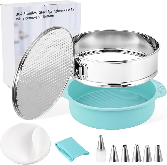 9inch 304 Stainless Steel Springform Cake Pan with Detachable Bottom, Silicone Cheesecake Pan Protector, Parchment Paper, Decorating Kit Piping Bags and Tips- Ideal for Home Bakers