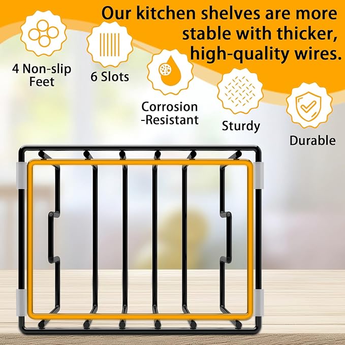 2 Pack Cutting Board Organizer and Pot Lid Holder, Kitchen Cabinet Organizer Rack with 7 & 5 Compartments, Heavy-Duty Iron Baking Sheet Pan Organizer with Non-Slip Base, Space-Saving Kitchen Storage