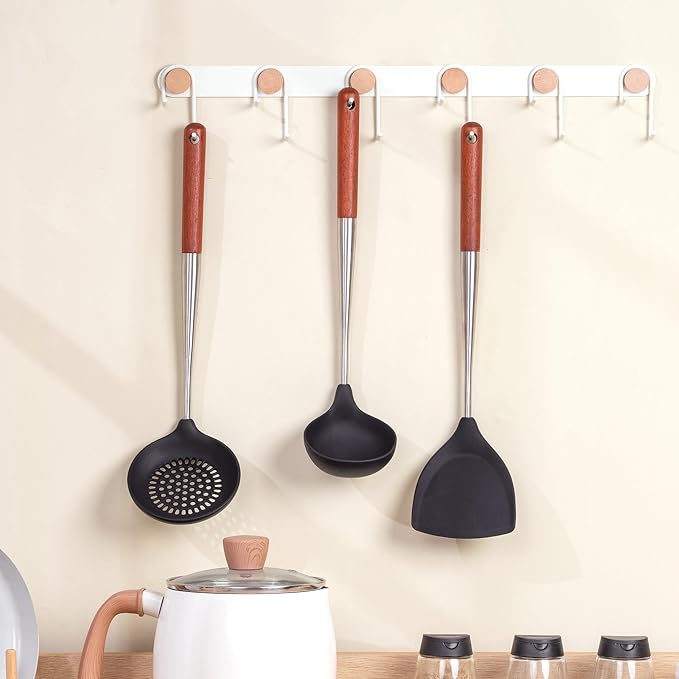 FJNATINH Silicone Spatula - Ladle - Skimmer Set - Wok Ladle Tool Set,Stainless Steel Non Stick Heat-Resistant Cooking Utensils BPA Free Kitchen Utensils Cookware Wooden Handle, Pack of 3