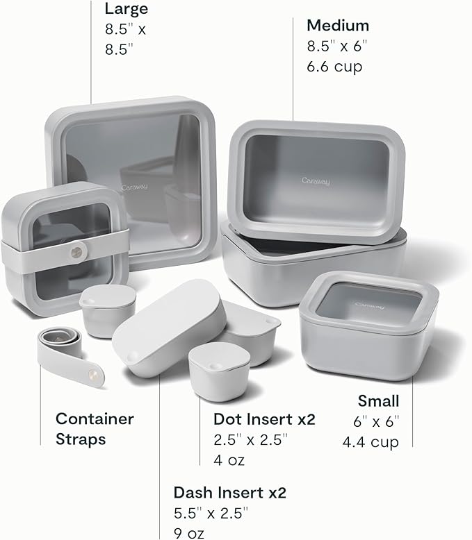 Caraway 14pc Glass Food Storage Container Set - Easy to Store, Non Toxic Lunch Box - with Glass Lids - Includes Storage Organizer & Dot & Dash Inserts - Gray