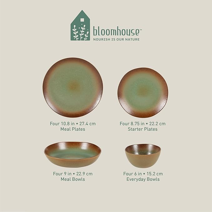 Bloomhouse Palermo Sun Double Bowl Stoneware Reactive Glaze Plates and Bowls Dinnerware Set - Cardamom Green, Service for Four (16pcs)
