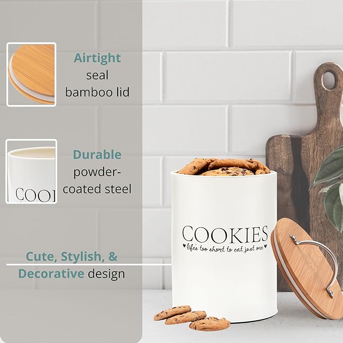 D'Lifeful Cookie Jar with Airtight Bamboo Lid – 1.1 Gallon Cute and Decorative Cookie Storage for Kitchen Countertop – Farmhouse Storage Tin for Freshness – Great Gift Idea