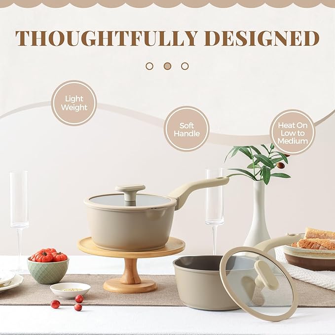 PRICUSIS Nonstick Saucepan with Lid, 2.7 Quart Sauce Pan, Healthy Sauce Pot with Pour Spouts for Multipurpose Use, PFOA Free, Induction Compatible, Apricot