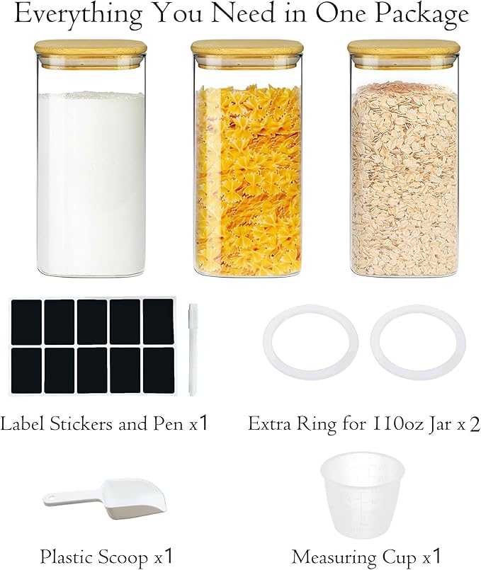Glass Storage Containers with Airtight Bamboo Lids Set of 3,Pantry Food Glass Jar with Lid,Perfect for Kitchen Organization-Flour,Rice,Pasta,Sugar,Coffee Beans,Accessories Included (3 packs(68oz))