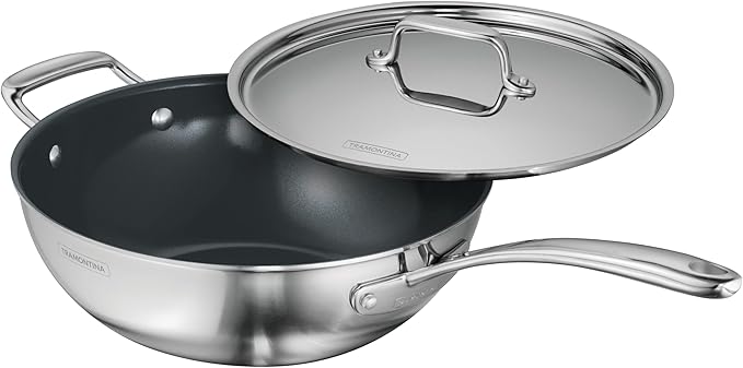 Tramontina Utsava Tri-Ply Clad Stainless Steel 3.75-Quart Wok with Lid and Ceramic Non Stick Interior, Induction-Ready Cooking Pan