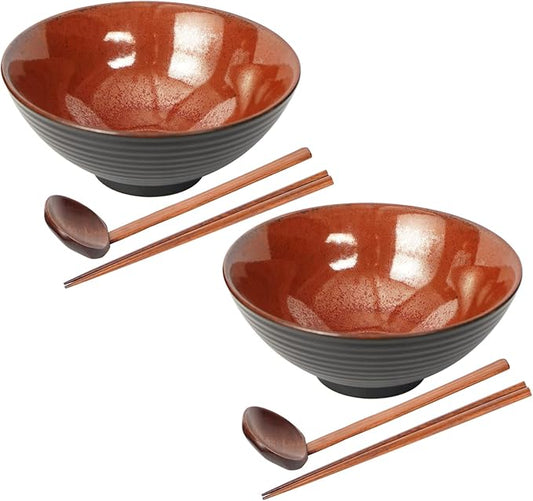 Ceramic Japanese Style Ramen Bowl Set with Chopsticks,8 inch 40 oz Pho Bowls & Asian Soup Bowl and Spoons Set for Udon Noodle,Soba,Miso Soup,Set of 2 (red)
