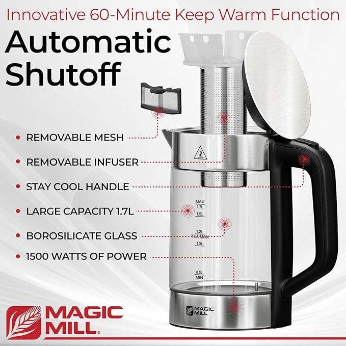 Magic Mill Pro Electric Kettle with tea Infuser and Temperature Control - Keep Warm Function, Rapid Boil, Automatic Safety Shut Off, BPA Free, No Plastic on Water, British Patent Technology,Large 1.7L