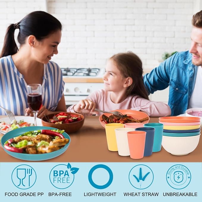 18pcs Wheat Straw Dinnerware Sets, Unbreakable dish Set Reusable Plates, Bowls, and Cups Set dishes Dishwasher Microwave Safe for Kitchen Outdoor Travel Camping (Macron Color)