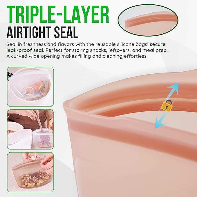 Reusable Silicone Food Storage Bags 3Set Airtight food Storage Containers Food Grade Silicone Snack Bags, BPA Free Food Storage Container, Microwave Safe, Sous Vide Container, Brown, 17oz+29oz+51oz