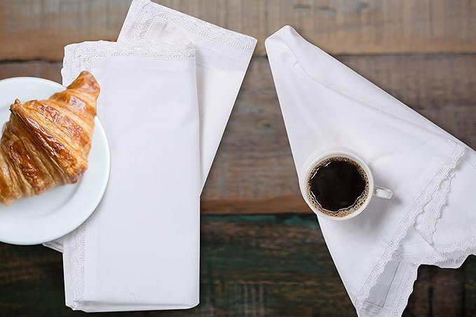 White Cloth Napkins Set of 12 Cotton - 18x18 Inch with Beautiful Lace Soft Elegant Decorative Washable Reusable Dinner Napkin for Dining Table Décor Wedding Party Thanksgiving Birtday and Everyday Use