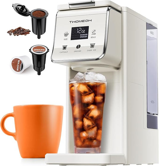 Coffee Maker Hot & Iced With Bold Setting,Single Serve Coffee Maker For K Cup And Grounds，52 Oz Removable Water Tank,6-14 Oz Brew Sizes,One Cup Kcup Coffee Machine With Reusable Filter, White
