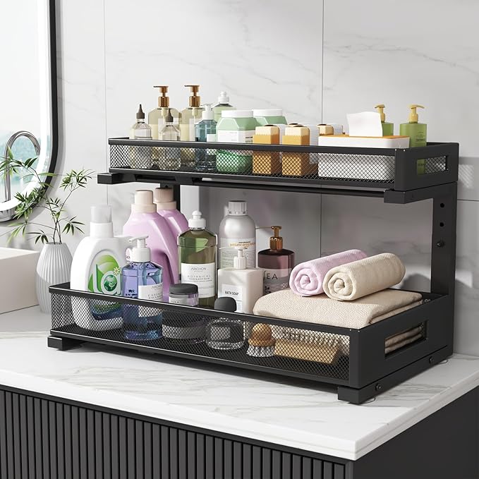 1 Pack 19IN Depth Under Sink Storage Organizer, Large 2-Tier Elegant Mesh Pull Out Shelf for Kitchen and Bathroom Cabinet Organization, L-Shaped and Adjustable Height Design-Black