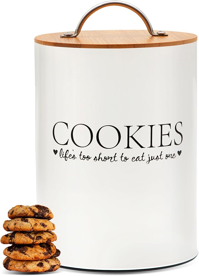 D'Lifeful Cookie Jar with Airtight Bamboo Lid – 1.1 Gallon Cute and Decorative Cookie Storage for Kitchen Countertop – Farmhouse Storage Tin for Freshness – Great Gift Idea