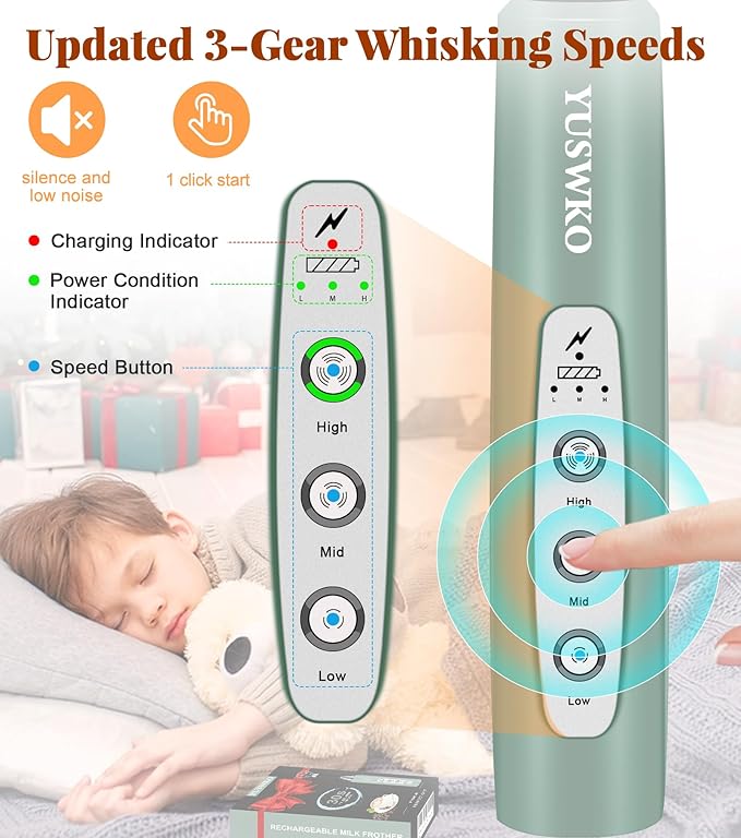 YUSWKO Milk Frother Handheld for Coffee, Rechargeable Drink Mixer with 3 Heads 3 Speeds Electric Coffee Frother Whisk, Gift for Many Occasions and Festival