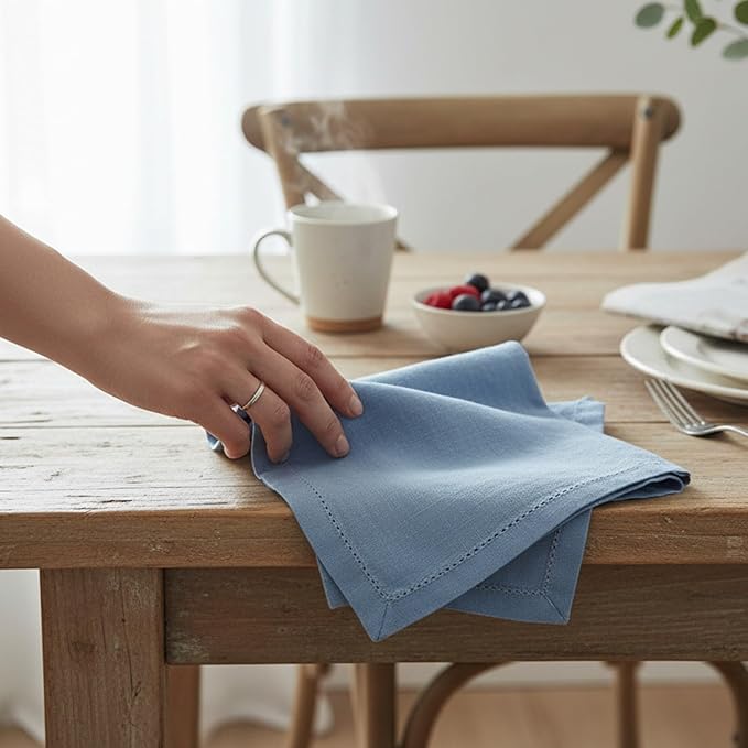 Hemstitched Linen Napkins – 20 Inch x 20 Inch – Stonewashed Pure Linen Cloth Dinner Napkins with Mitered Corners - 100% French Flax – Machine Washable - Set of 4 (Dusty Pastel Blue)