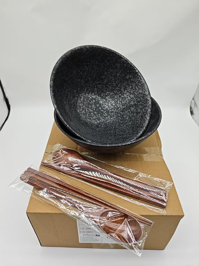 2 x 40 OZ ceramic ramen bowls, 8 IN large Japanese noodle soup bowl, match chopsticks and spoons, suitable for Pho, Udon Asian noodles (Black color 2 set)