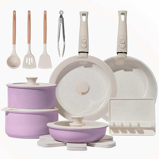 Pots and Pans Set Healthy Non toxic Non Stick Ceramic Cookware Set 21 Pcs Detachable Handles, Oven Safe, Induction Dishwasher, Stackable Frying Pan (PFOS, PFOA Free),Pink