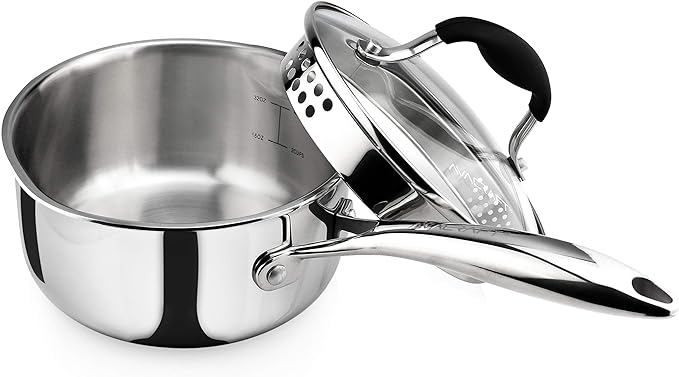 AVACRAFT Tri-Ply Stainless Steel Saucepan with Glass Strainer Lid, Two Side Spouts, Ergonomic Handle, Multipurpose Sauce Pan with Lid, Sauce Pot, Cooking Pot (Tri-Ply Full Body, 1.5 Quart)