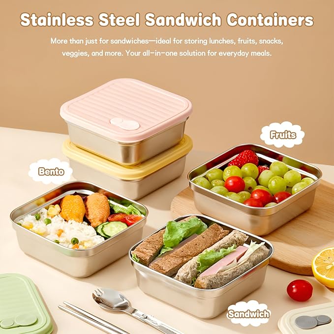 2 Pack Sandwich Containers, 20oz Stainless Steel Sandwich Box with Lids, Reusable Metal Meal Prep Lunch Boxes, BPA-Free, Dishwasher Safe, Food Storage Containers for Snacks & Fruits (Yellow, Pink)