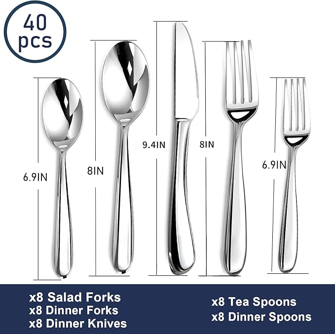 Heavy Duty Silverware Set for 8, 40 Piece Premium Stainless Steel Flatware Utensils Cutlery Set Including Steak Knife Fork and Spoon, Dishwasher Safe, Gift Package for Wedding Housewarming