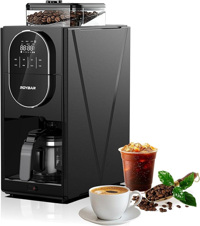 Coffee Maker with Grinder, Programmable Hot and Cold Coffee Maker with 22 oz Glass Carafe, Adjustable Fully Automatic grind and brew Coffee Machine with Timer, Black Americano Iced Coffee Machine