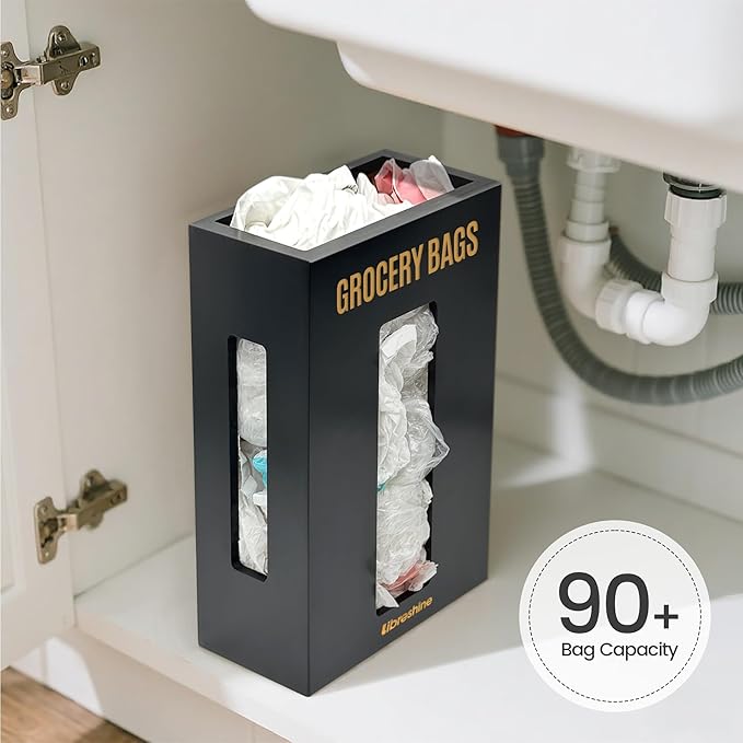 Extra Large Bamboo Plastic Bag Holder Black- Under Sink, Cabinet & Wall Mount Storage - Multipurpose Gorcery Bag Organizer with Space-Saving Design for Kitchen, Pantry, Bathroom, Garage