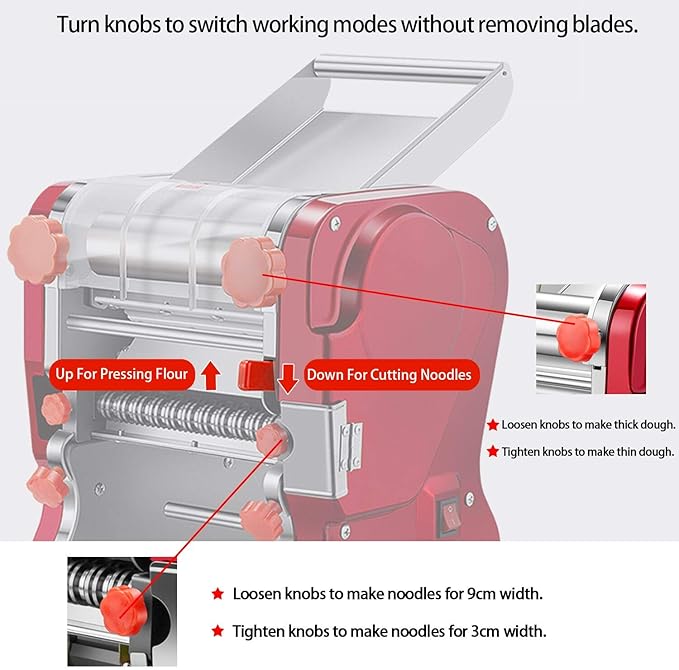Pasta Making Machine,Electric Noodle&Dumpling Maker For Home/Commercial Use,Full Stainless Steel Dual Knife No Disassembled-3/9mm Width Noodle/0.3-5mm Thickness Dough-Auto Noodle Cutter.