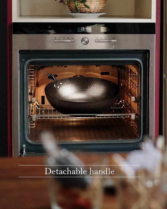 BIELMEIER 12.5" Wok Pan- Woks and Stir Fry Pans, Carbon Steel Wok, Flat Bottom Wok with Lid Suits for all Stoves