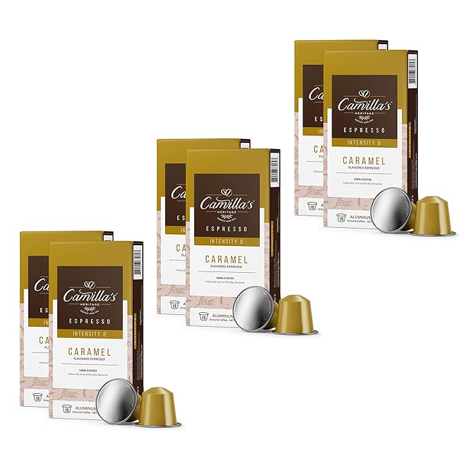 Camilla’s Heritage - Intensity 8 Caramel Flavored Espresso Coffee, Gourmet Espresso Cups, 60 Coffee Pods