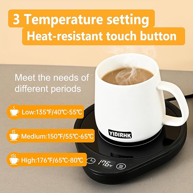 Coffee Mug Warmer, Quick Heating, Autoshut-Off,Featuring 3 Temperature Settings and 2-12 Hour Programmable Timer, Suitable for Office, Travel, Corporate Gift