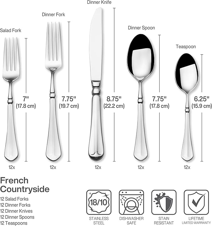 Mikasa French Countryside Flatware Set for 12, 65 Piece 18/10 Stainless Steel Silverware with Elegant Scroll Design and Serving Utensils, Durable Dinnerware Service