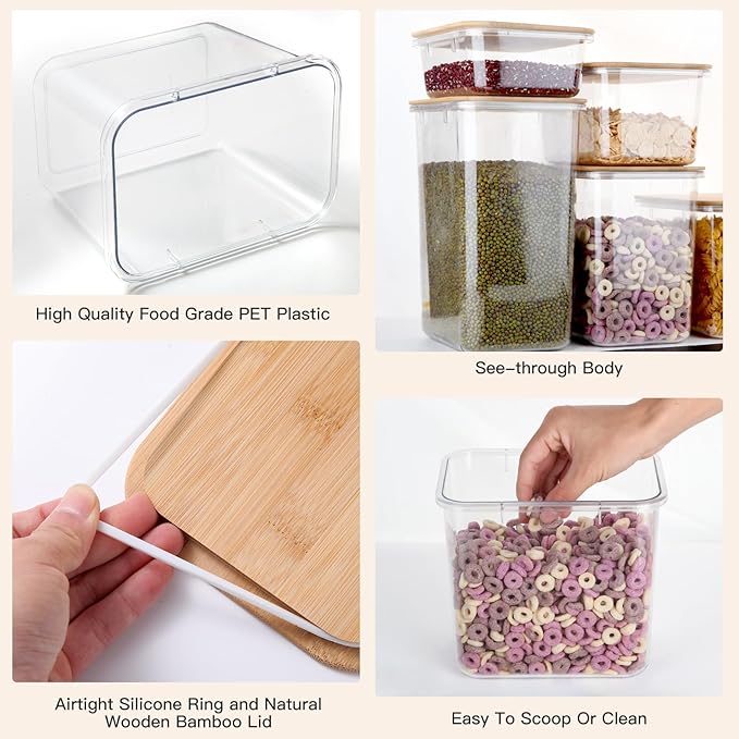 Large Capacity Plastic Food Storage Containers with Bamboo Lid - Moisture-proof Sealing Box Jars with Wooden Lids for Kitchen Storage (152 OZ- XL)