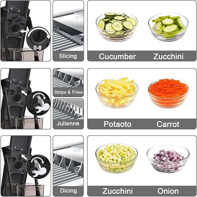 All-in-1 Update Safe Mandoline Slicer for Kitchen, Food Chopper with Container, Thickness Adjustable Vegetable Chopper, Potato French Fry Cutter Tomato Apple Slicer Onion (BlackKnight)
