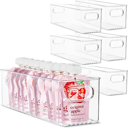 Plastic Food Storage 6 Pack Clear Container Bin with Handles for Organizing Kitchen, Pantry, Refrigerator, Freezer, Pantry, Cabinet, Closet, Bathroom. 14”x4”x4”