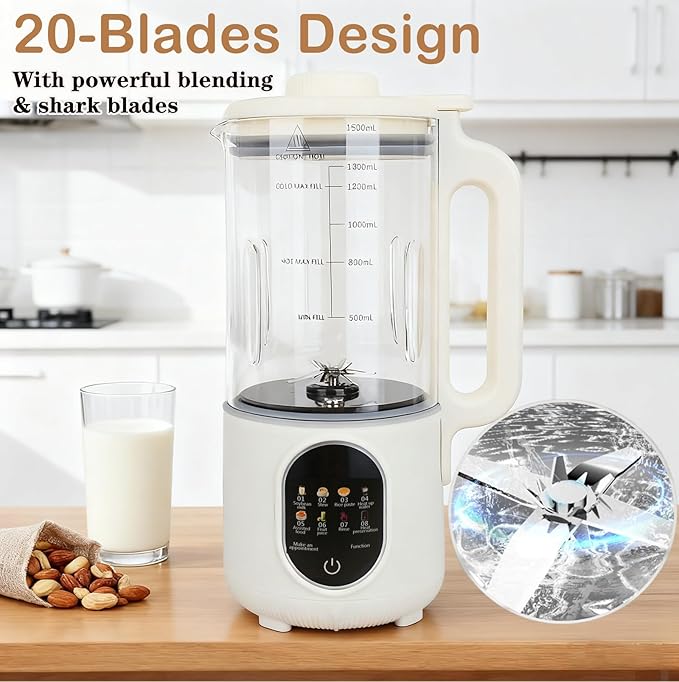 50oz Nut Milk Maker,10 in 1 Nut Milk Maker Machine with 20 Blades，Plant-Based Milk Maker for Soy，Juice, Fruit, Oat, Almond & Temp Hold, Delay Start, Boil & Auto Clean