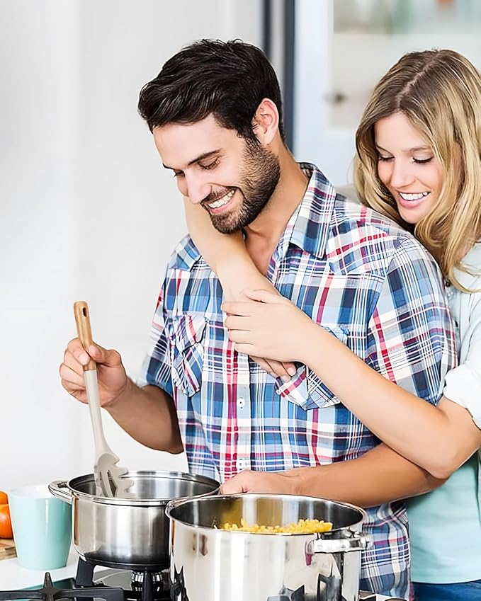 Silicone Pasta Fork, Kitchen Heat Resistant Noodle Spoon Server, BPA Free Spaghetti Strainer,12.8 inch (Khaki & Blue)