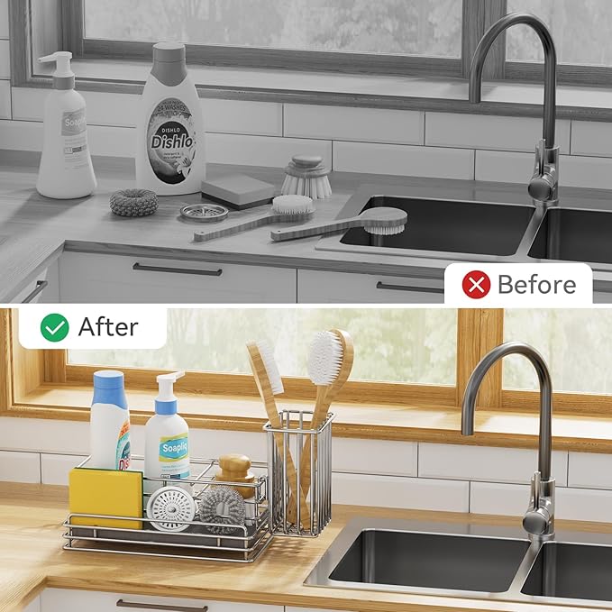 Yofidra Kitchen Sink Caddy with Instant Drying Stone, Metal Stainless Steel Dish Sponge Holder Basket for Sponges, Scrubbers, Soap, 9.5" X 5.5" X 5.7" Sink Box Organizer