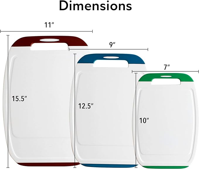 Neoflam Microban Antimicrobial Plastic Cutting Board 3 Sets, BPA Free, Non-Slip EZ Grip Handle, Dishwasher Safe, Stain & Odor Free, Reversible Board, Larger Juice Groove, Multicolor