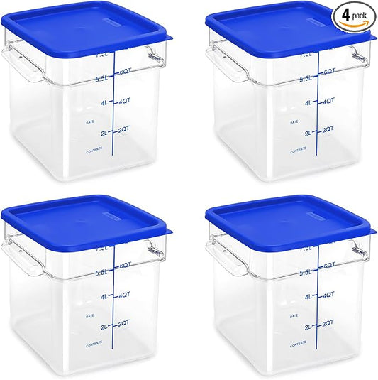 4 Pack Food Storage Containers with Blue Lids, 8.0 Qt - Square, Clear, Polycarbonate