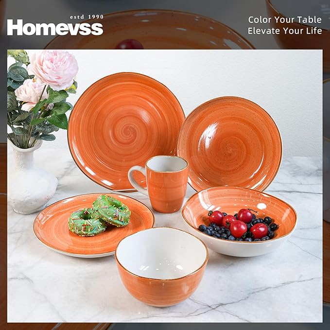 Highland 16-Piece Dinnerware Set Service for 4, Organic Shape Stoneware Plates and Bowls Set, Scratch Resistant, Microwave and Dishwasher Safe, Speckled Effect Handcrafted, Swirl Orange
