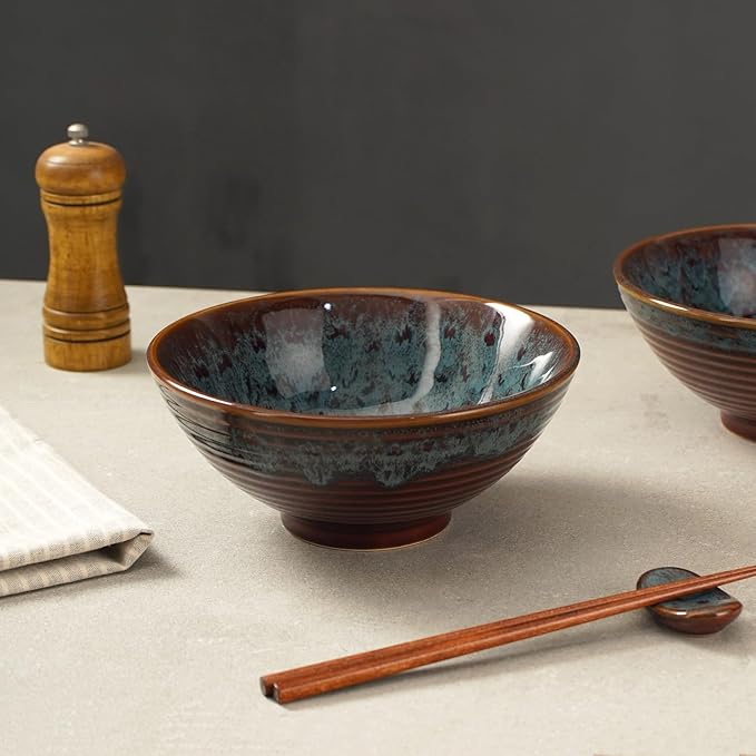 Ceramic Japanese Ramen Bowl Set with Chopsticks,8 inch 40 oz Pho Bowls & Asian Soup Bowl and Spoons Set for Udon Noodle,Soba,Miso Soup,Set of 2(Peacock Green)