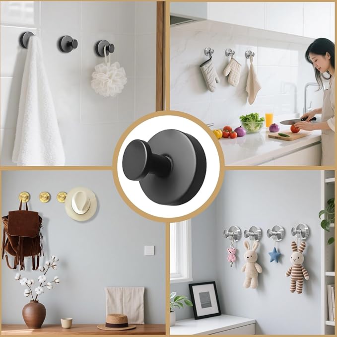 4 Pcs Suction Cup Hook for Shower，Removable Hooks，Towel Hooks，Suction Hooks for Bathroom, Bedroom, Glass Window (Black)