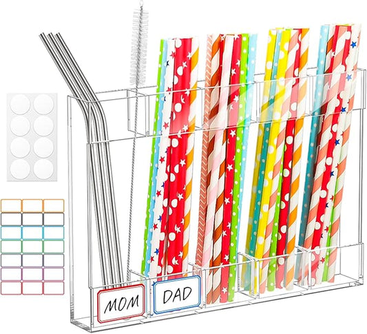 9.5" Acrylic Straw Holder with Double Sided Adhesive and Stickers,Reusable Straws Organizer Storage Dispenser for Counter Cabinet Cupboard Kitchen Door (Transparent)