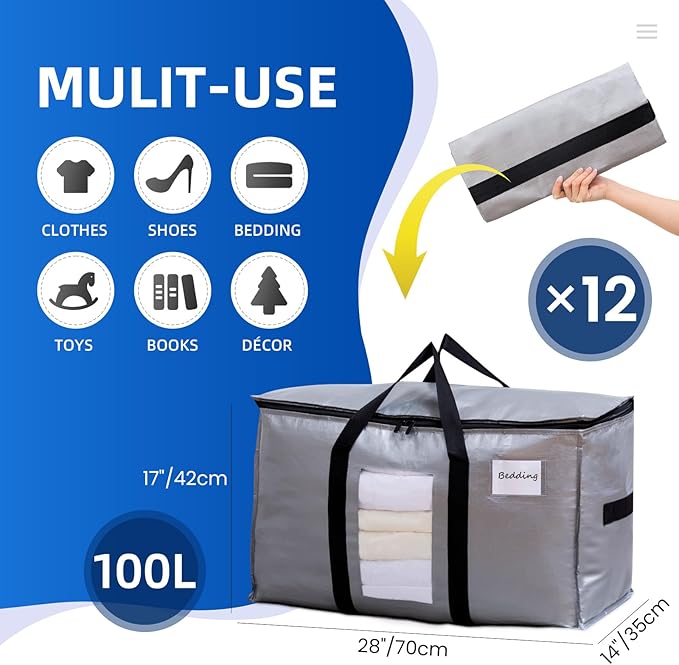 TAILI Extra Large Moving Bags, 12 Pack Silver Heavy Duty Totes for Storage with Visible Window, Wrap Around Handles, Storage Bags for Space Saving, Alternative to Moving Boxes