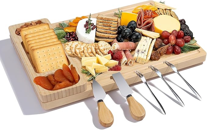 Premium Bamboo Charcuterie/Cheese Board Set – Wooden Serving Tray with Hidden Knife Storage – Cheese Knives & Forks - Perfect Bridal Shower, Housewarming, Anniversary, Mother's Day Gifts