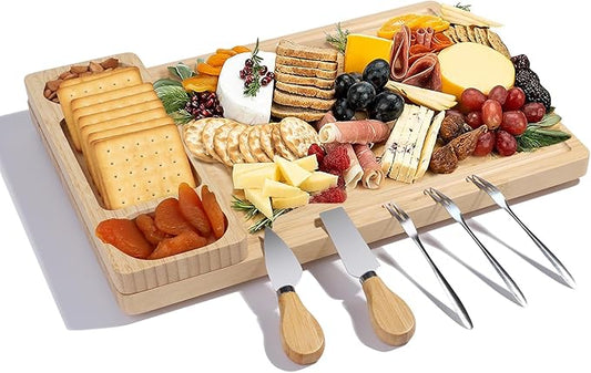 Premium Bamboo Charcuterie/Cheese Board Set – Wooden Serving Tray with Hidden Knife Storage – Cheese Knives & Forks - Perfect Bridal Shower, Housewarming, Anniversary, Mother's Day Gifts