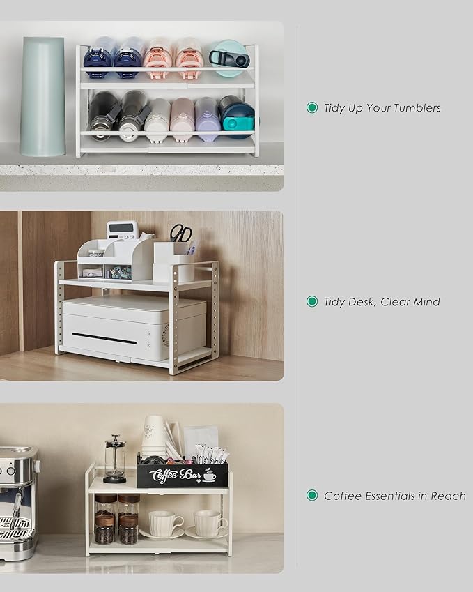 2-Tier Storage Rack Organizer for Foil Plastic Wrap Box Spice Bottle Seasoning Can Kitchen Countertop Pantry Desktop Cabinet Under Sink Coffee Station Organization Shelf Expandable Adjustable Metal