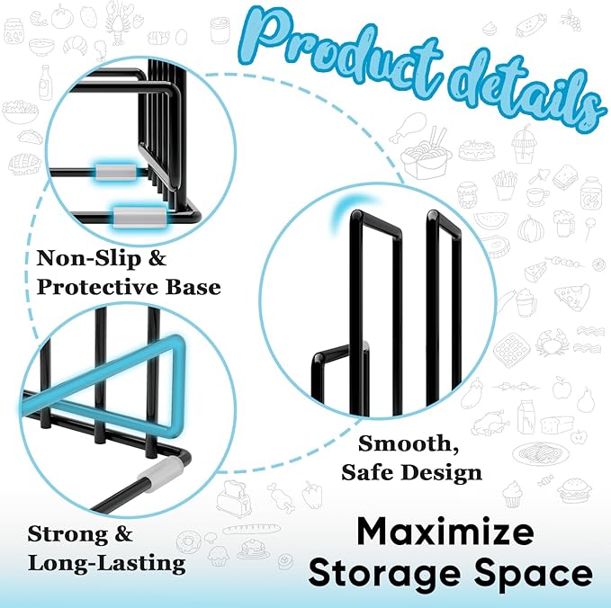 Cutting Board Organizer Rack with 7 Compartments, Heavy-Duty Iron Pan and Baking Sheet Organizer, Kitchen Cabinet Storage Rack with Non-Slip Base, Space-Saving Pot Lid Holder for Countertop & Pantry